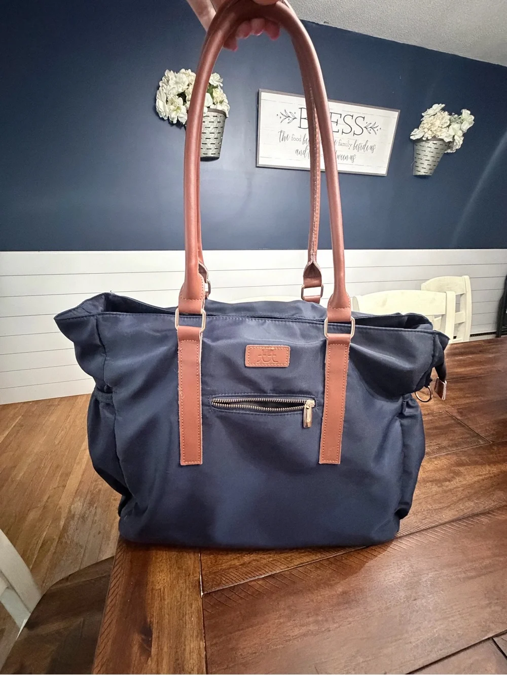 Navy Laptop Tote with Tan Straps - Women's Work & Travel Bag